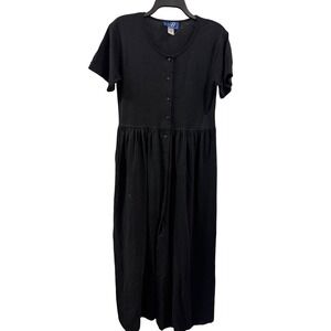 VTG Lissa Black Button Front Midi Dress Short Sleeve M vintage